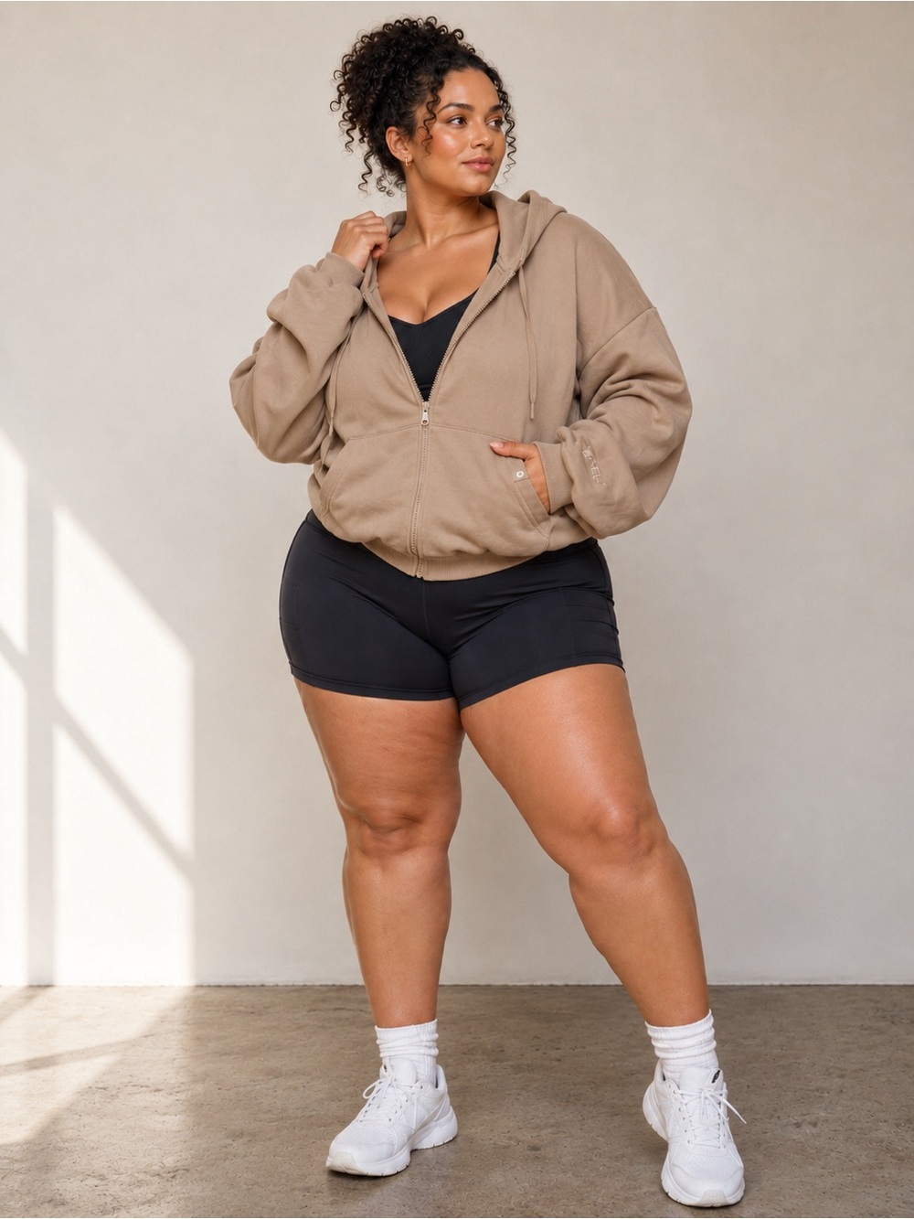 POPFLEX Oversized Zip Hoodie Jacket Tan Camel L XL Athleisure Airport Lounge B2